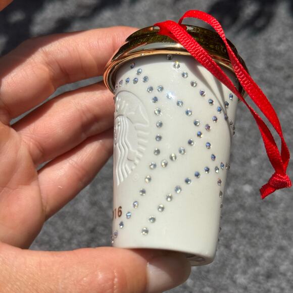 Starbucks Ornament 2016 white/ gold Cup with Swarovski Gems - Picture 5 of 7